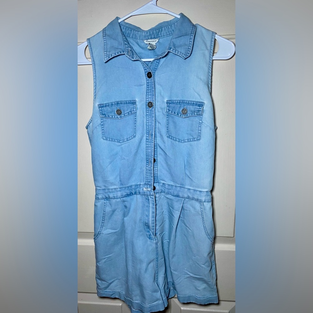 Forever 21 Light Blue Chambray Romper Denim Button Front Cut Out Back M
